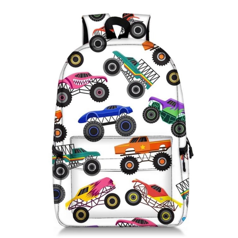 Boys monster truck backpack and matching lunch kit. Sizes on pic. No name.
